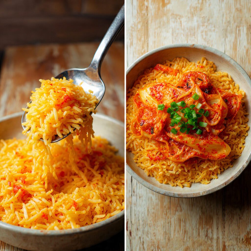 A diptych showing two views of the finished dish: a close-up scoop of the crispy rice and a full bowl topped with a raw egg and extra kimchi.