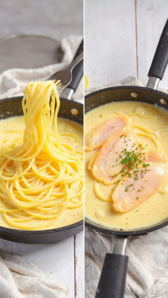 A diptych showing two views of the finished dish: a close-up scoop of the chicken and sauce over pasta and a full skillet ready for serving.
