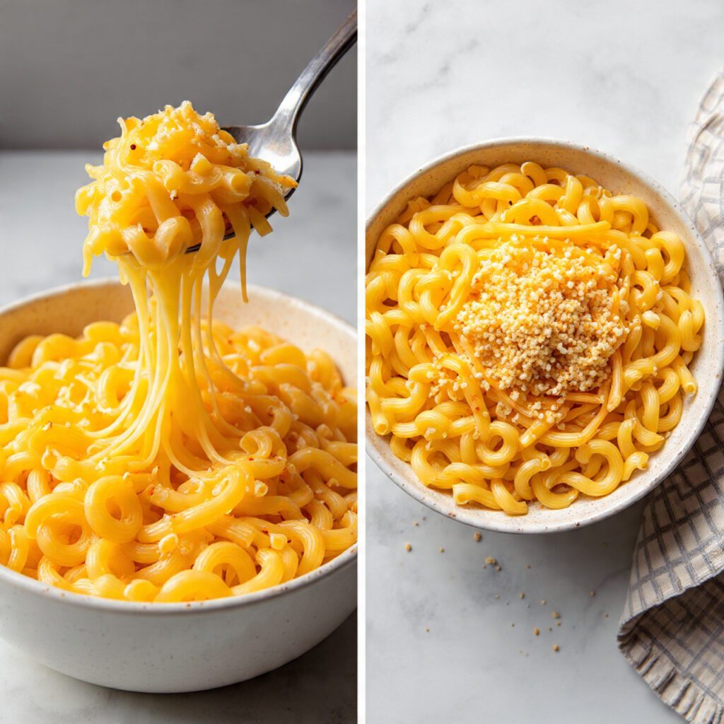 A diptych showing two views of the finished dish: a close-up scoop of the creamy interior and a full serving on a white plate with the crispy crust.