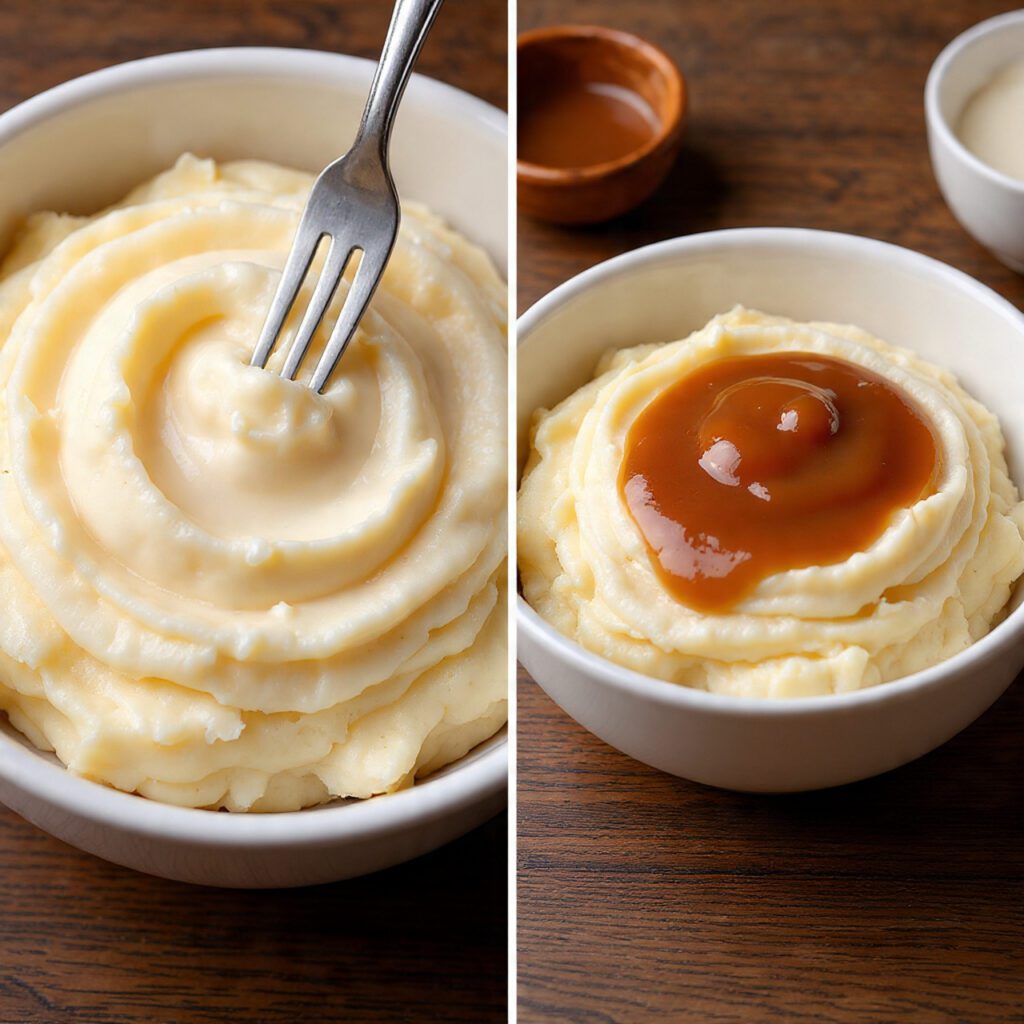 A diptych showing two views: a close-up texture shot of the smooth mash and a full bowl with gravy being poured over it at a dinner setting.