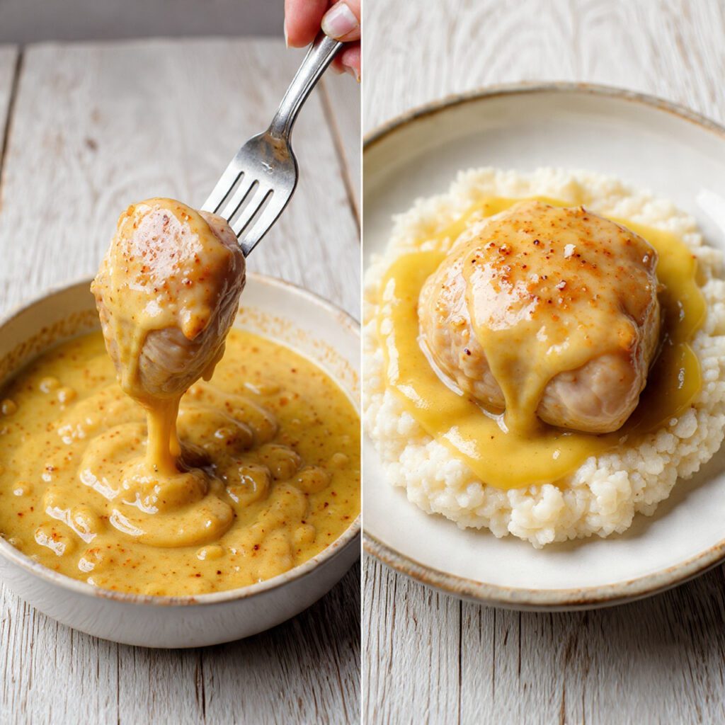A diptych showing two views of the finished dish: a close-up fork lifting a piece of chicken with the sauce and a full plate served over a bed of mashed potatoes.