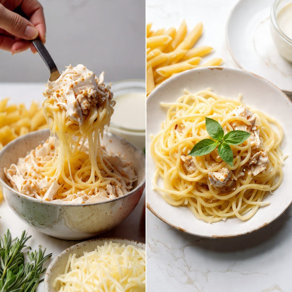 A diptych showing two views of the finished dish: a generous close-up scoop from the casserole and a full serving on a dinner plate garnished with basil.