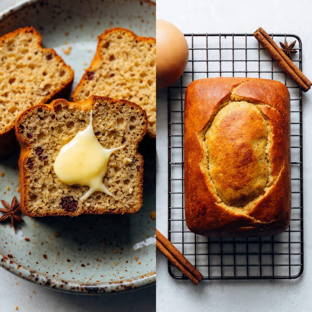 A diptych showing two views of the finished bread: a close-up slice slathered with butter, and a full loaf on a cooling rack with fall spices nearby.
