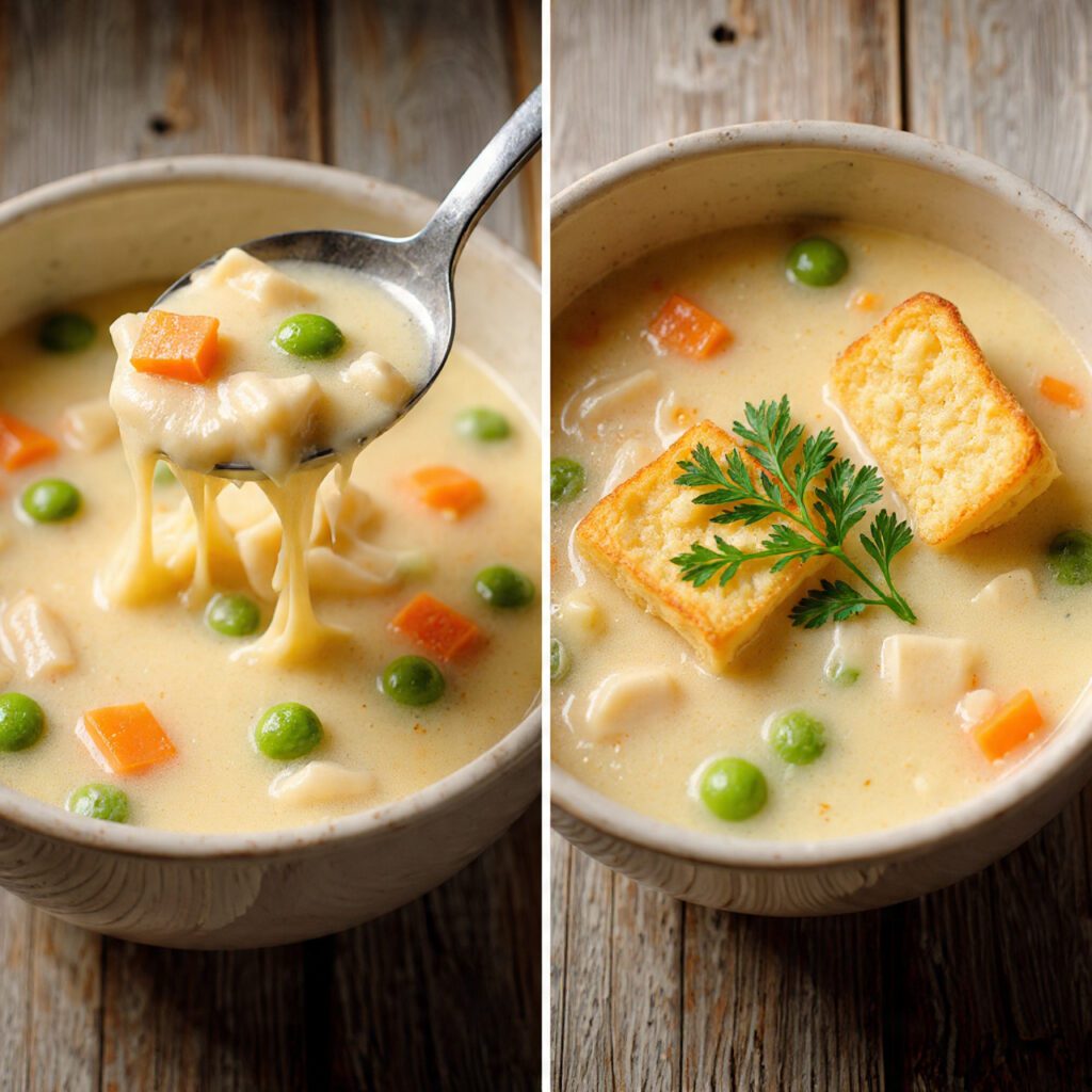 A diptych showing two views of the finished dish: a close-up scoop of the creamy chicken and veggies and a full bowl with a side of savory topping.