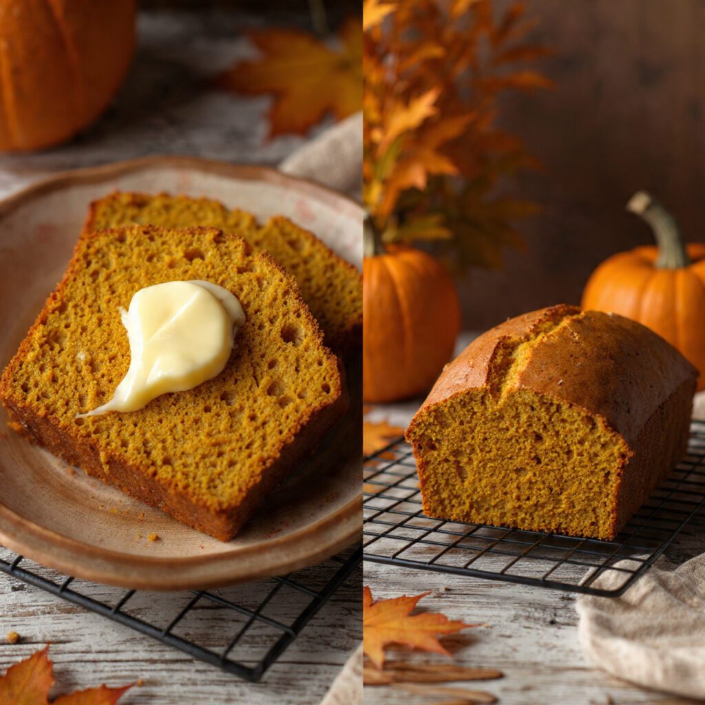 A diptych showing two views of the finished bread: a close-up slice slathered with butter, and a full loaf on a cooling rack with fall foliage in the background.