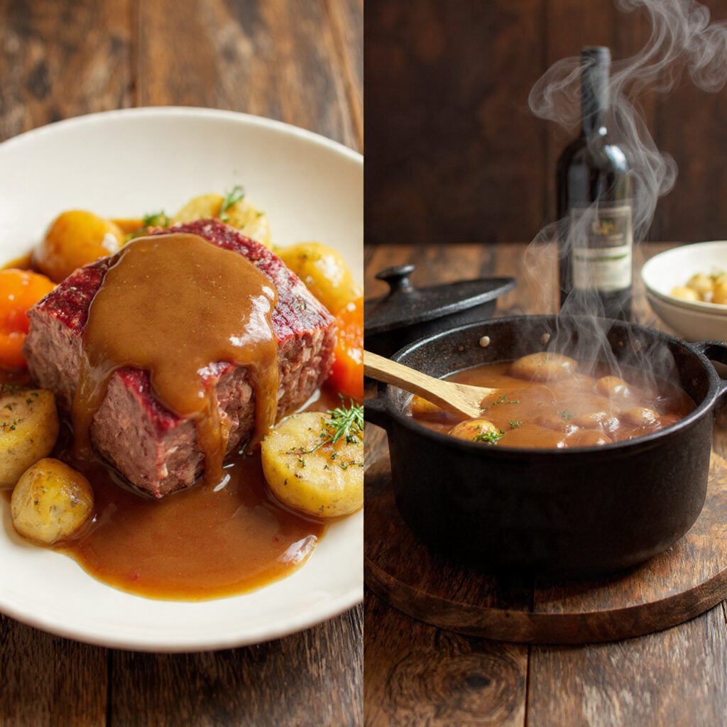 A diptych showing two views of the finished dish: a close-up of the roast and vegetables with gravy, and a full Dutch oven serving at a dinner table.
