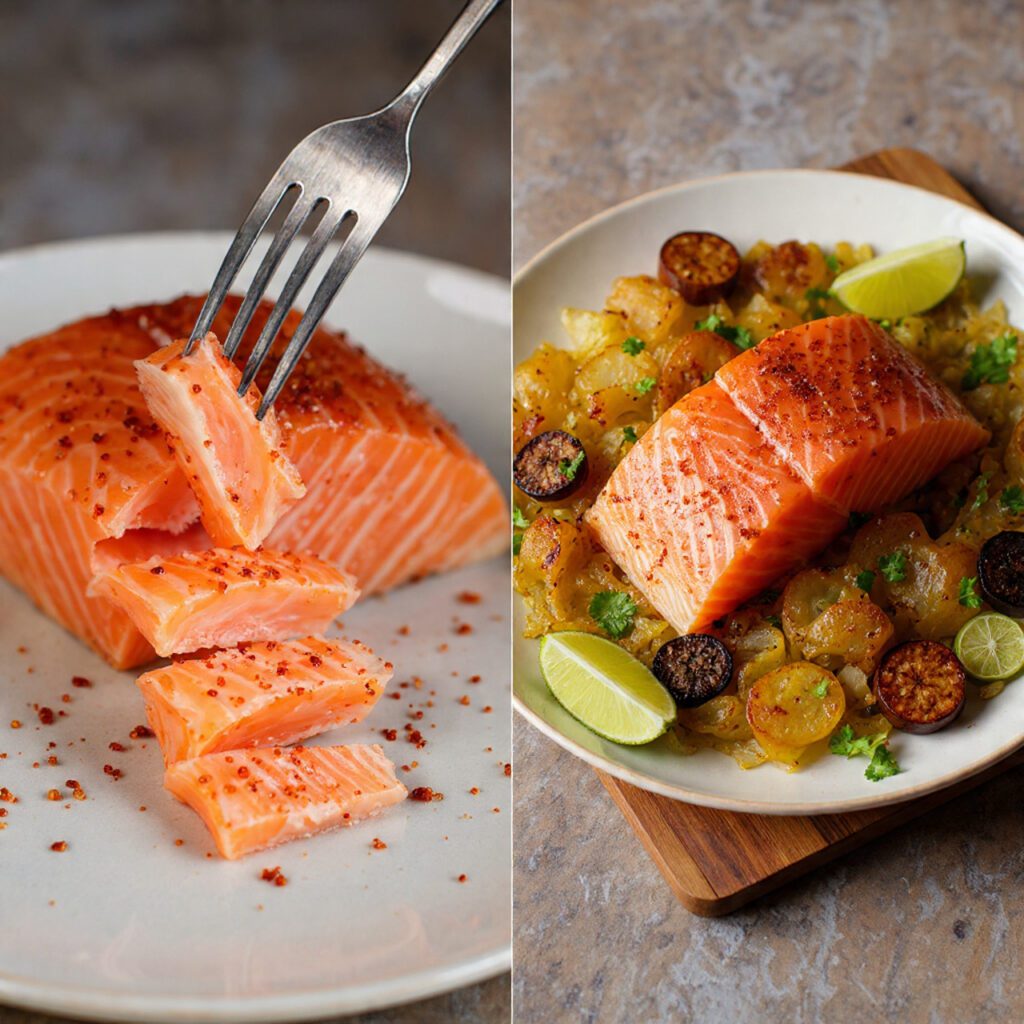 A diptych showing two views of the finished dish: a close-up fork flaking the salmon and a full plate served with fresh lime wedges.