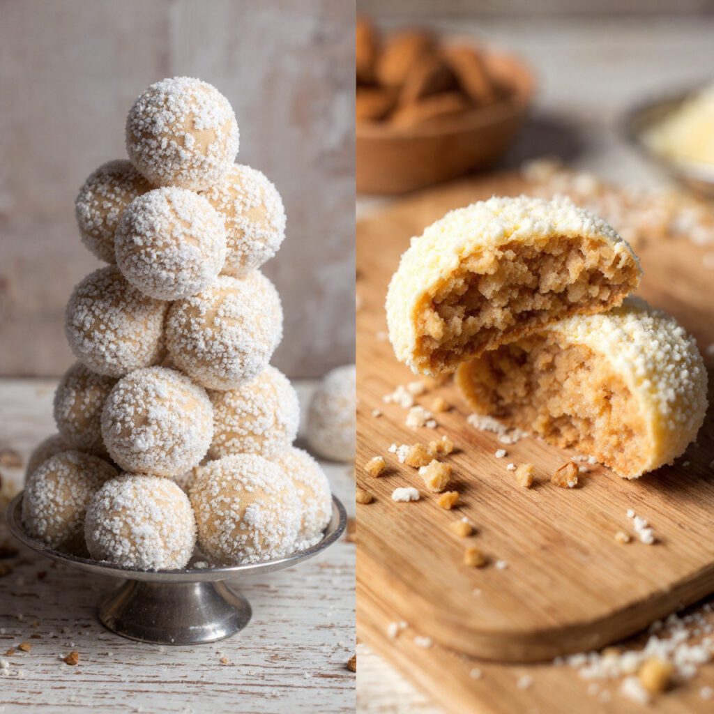 A diptych showing two views of the finished cookies: a stack of the powdered cookies and a close-up cross-section of a cookie showing the nutty interior.