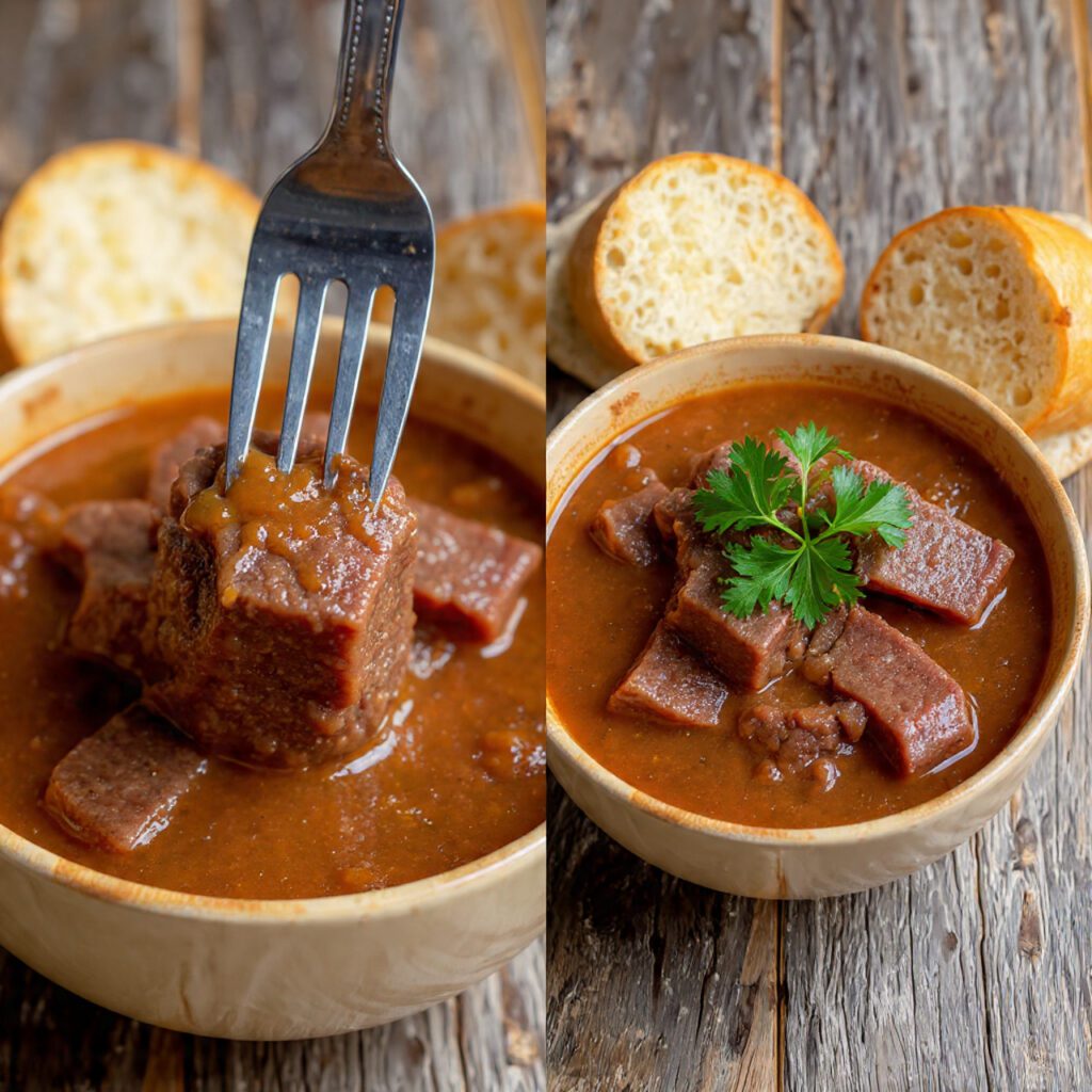 A diptych showing two views of the finished stew: a close-up scoop of the tender beef and a full bowl served with a side of crusty bread.