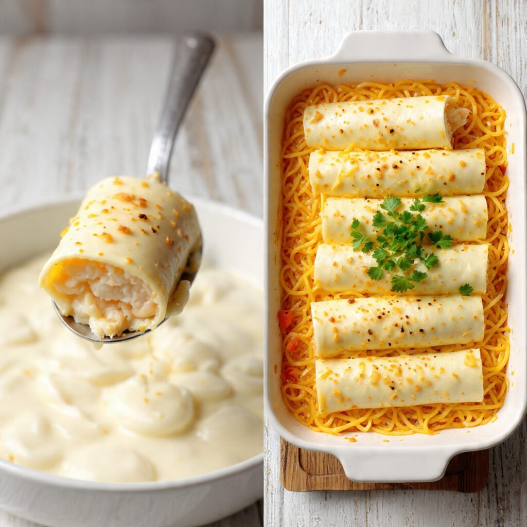 A diptych showing two views of the finished dish: a close-up scoop of the creamy sauce and a full casserole dish ready for serving.
