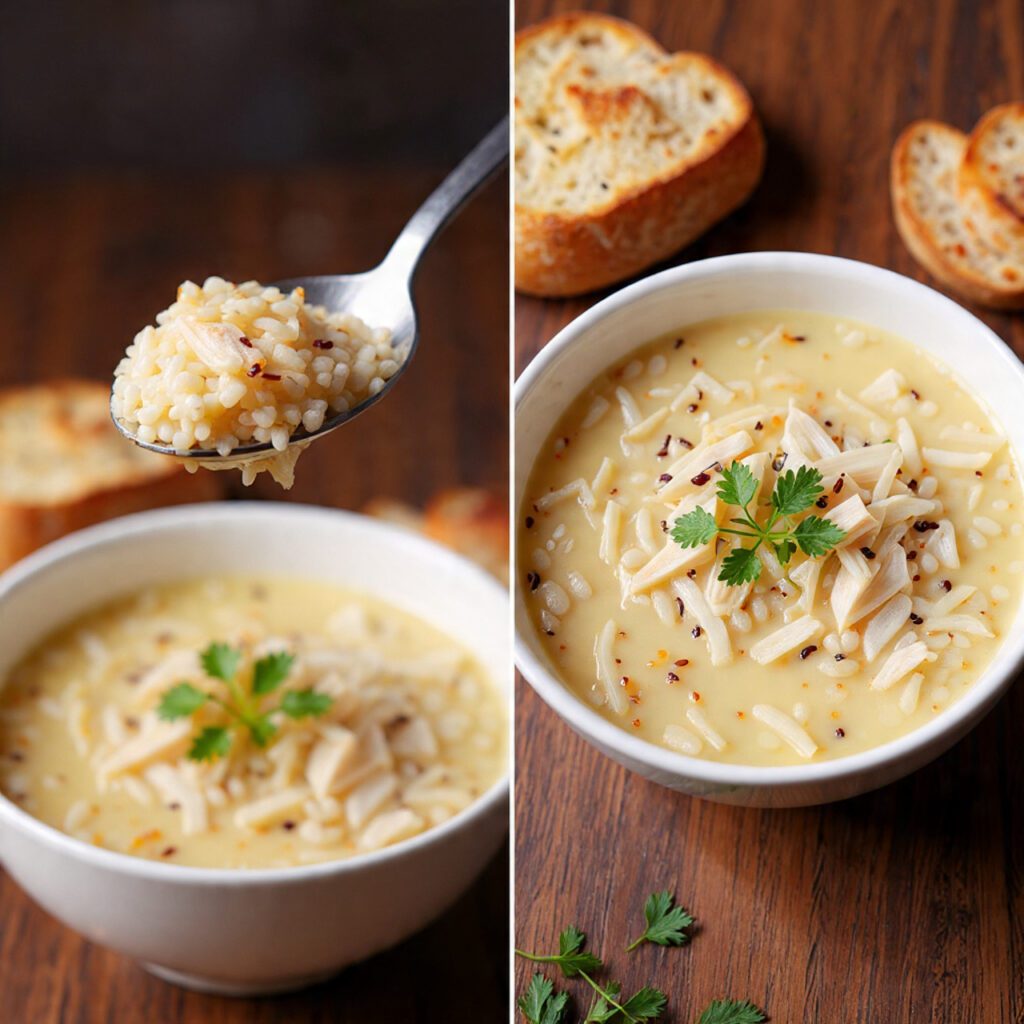 A diptych showing two views of the finished dish: a close-up scoop of the creamy soup and a full bowl serving on a wooden table with a side of crusty bread.