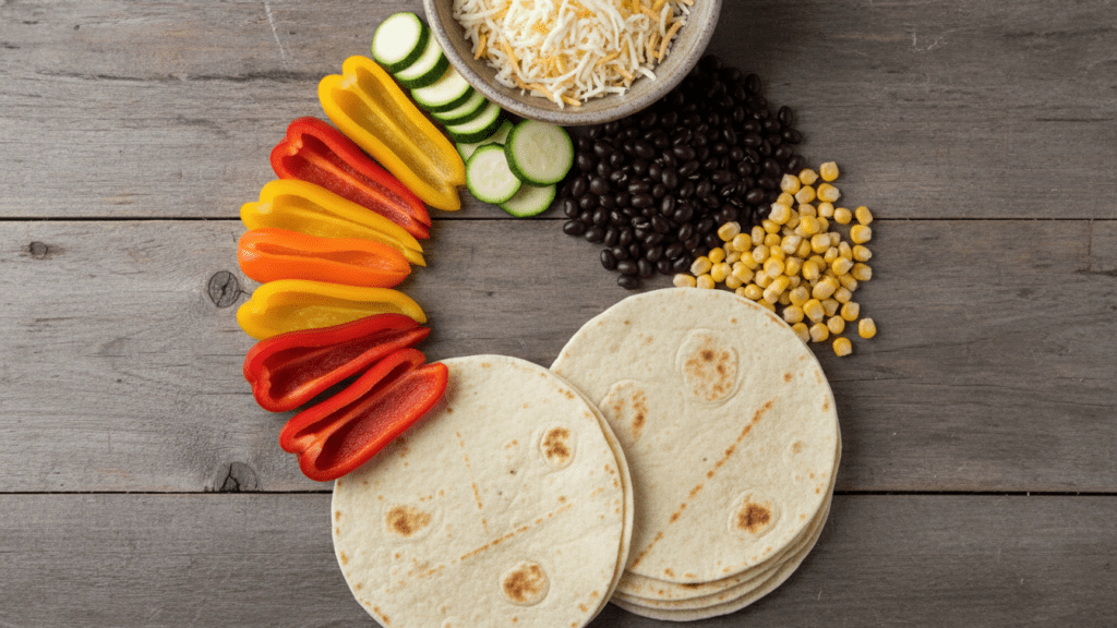 Raw ingredients for making healthy homemade vegetable quesadillas.