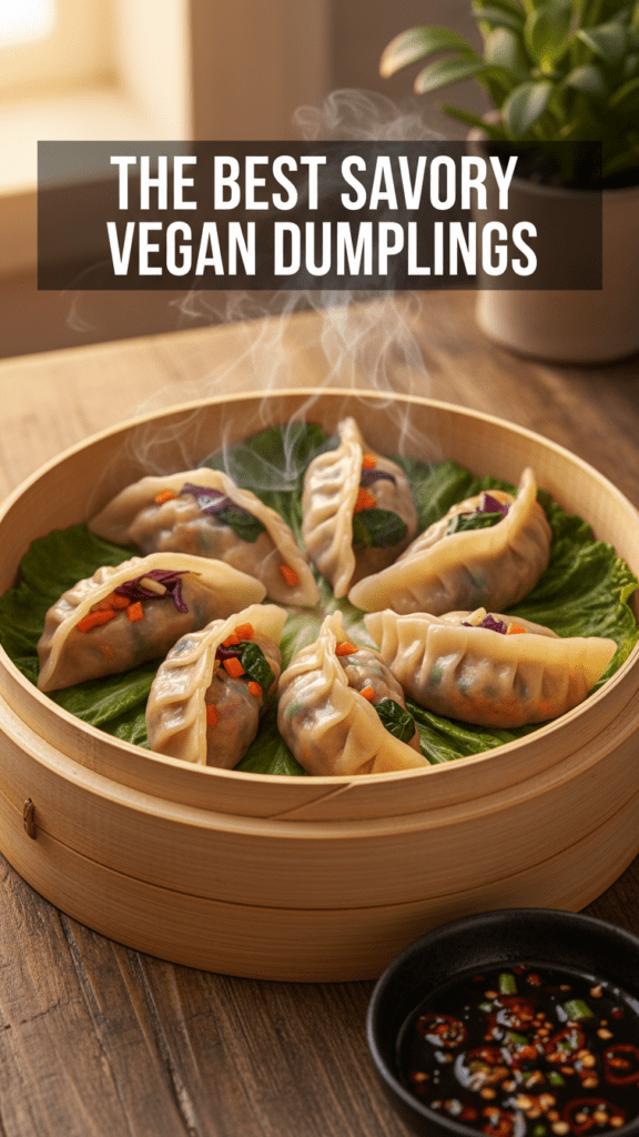 A close-up shot of creamy vegan alfredo sauce being poured over fettuccine with a text overlay