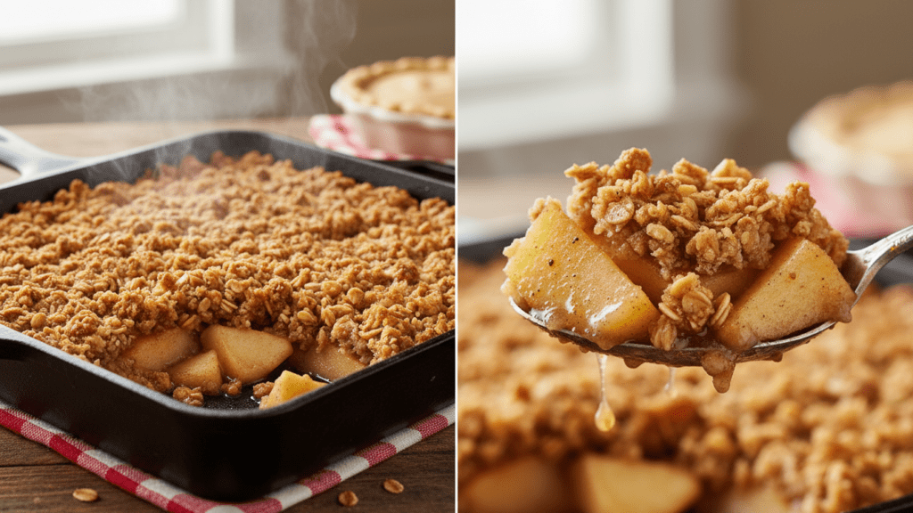 Close-up of a scoop of vegan apple crisp showing the tender apples and crunchy topping