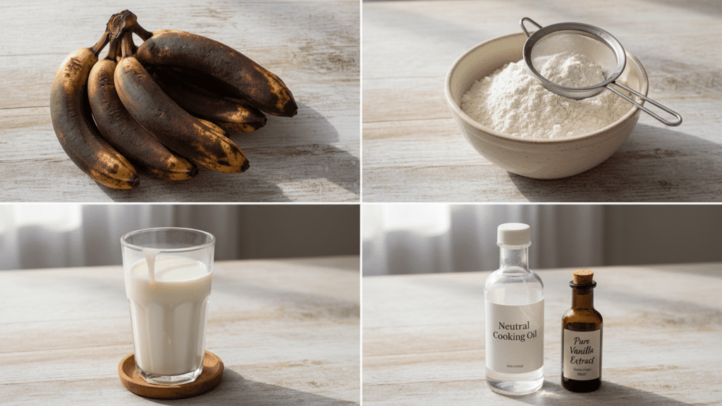 A collage showing overripe bananas, flour, non-dairy milk, and neutral oil.