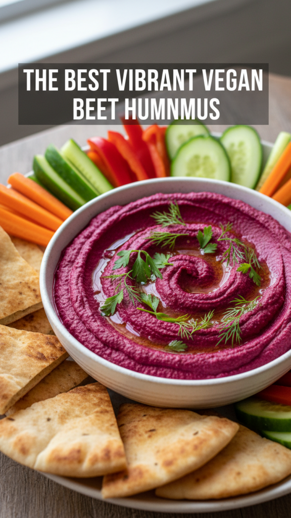 A close-up shot of vibrant pink vegan beet hummus in a bowl with pita bread and a text overlay.