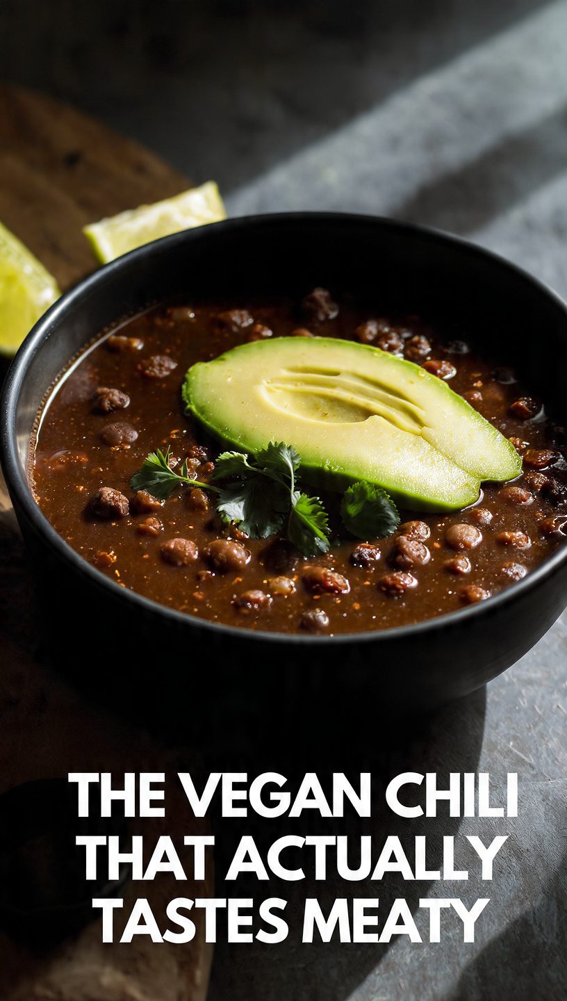 A top-down shot of a vibrant bowl of vegan black bean chili with avocado slices and a bold text overlay.