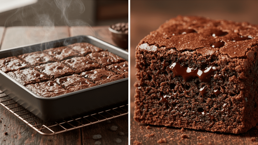 Close-up of a single vegan brownie being pulled apart to show the fudgy interior.