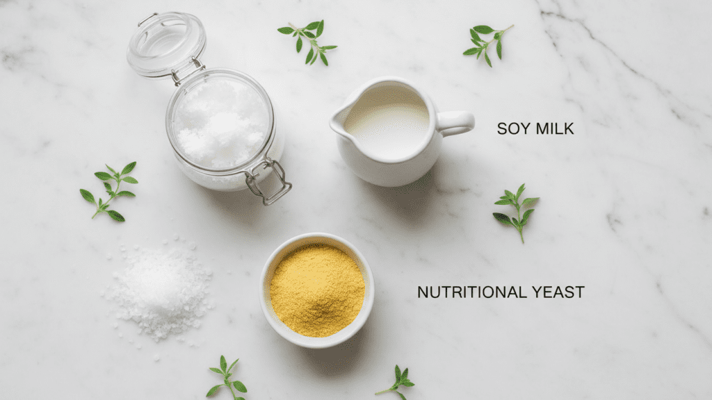 A flat lay collage showing coconut oil, soy milk, nutritional yeast, and salt for making vegan butter.