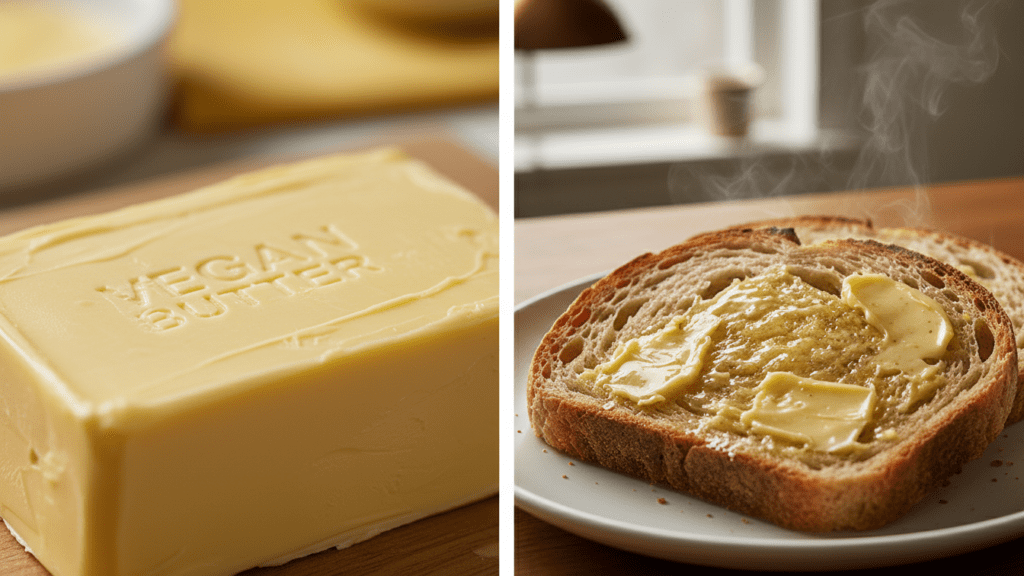 A flat lay collage showing coconut oil, soy milk, nutritional yeast, and salt for making vegan butter.