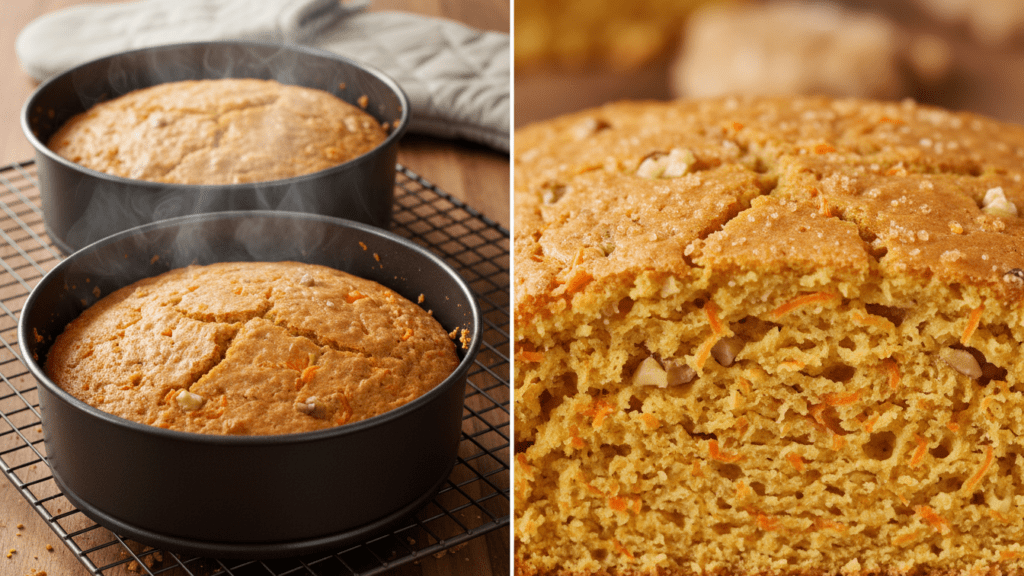 Close-up of the moist texture of a vegan carrot cake being sliced with a fork.