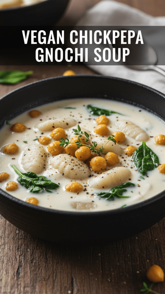 A top-down shot of a vibrant bowl of vegan chickpea gnocchi soup with fresh herbs and a bold text overlay.