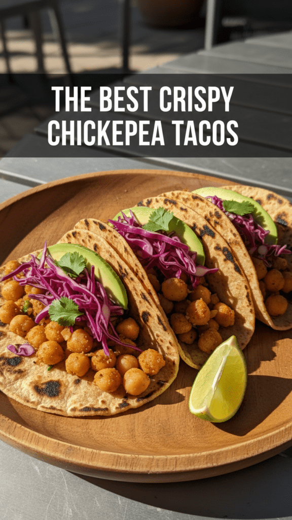A close-up shot of three vegan chickpea tacos with purple slaw and avocado on a rustic board with a text overlay.