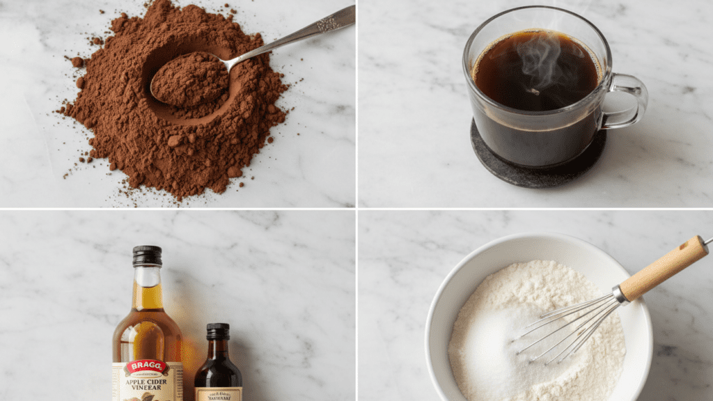 A collage showing cocoa powder, apple cider vinegar, flour, and a cup of coffee.