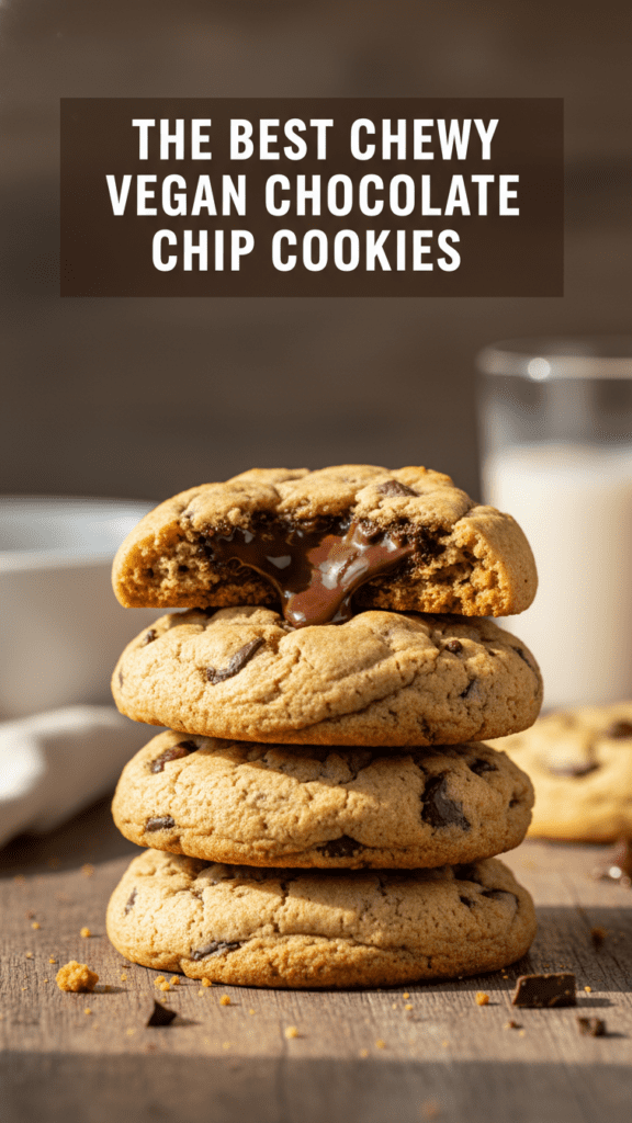 A close-up shot of several soft vegan chocolate chip cookies with sea salt on a baking sheet with a text overlay.