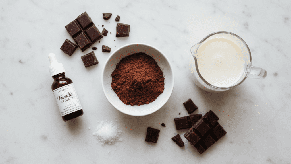 A collage of ingredients for vegan chocolate pudding including cocoa, oat milk, and vanilla.