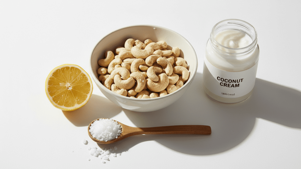 A flat lay collage showing cashews, coconut milk, lemon, and sea salt.