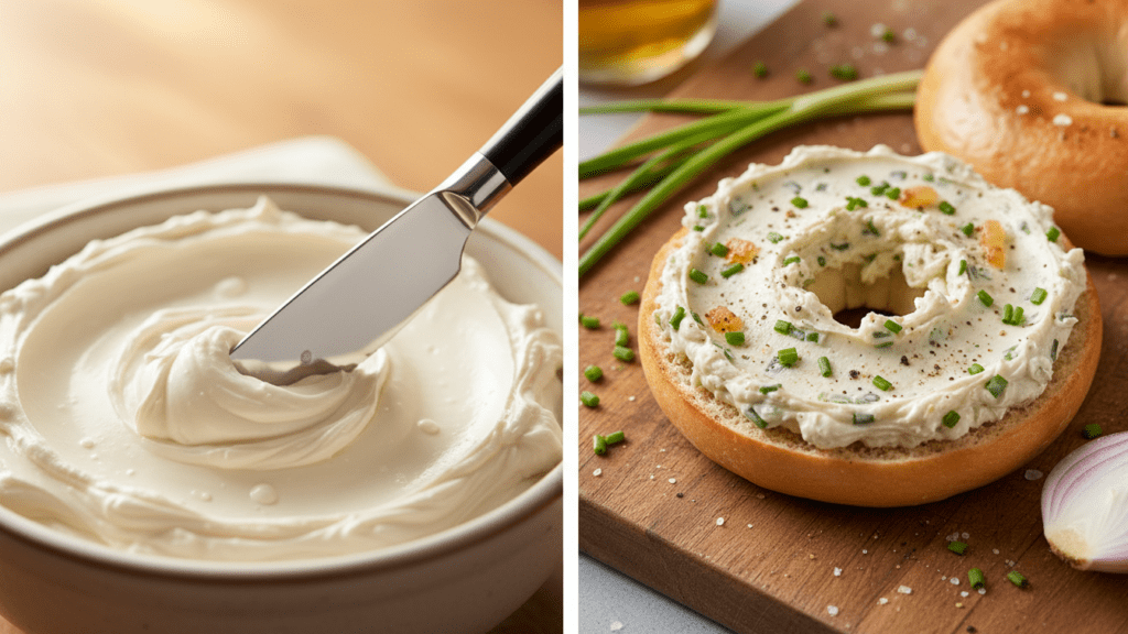 Two images showing the smooth texture of vegan cream cheese and a variant with chives.