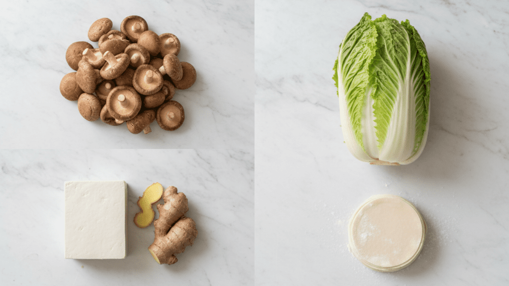 A collage showing shiitake mushrooms, napa cabbage, tofu, and dumpling wrappers.