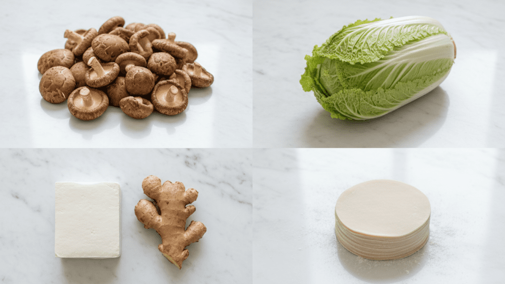 A collage showing raw cashews, nutritional yeast, garlic cloves, and a fresh lemon.