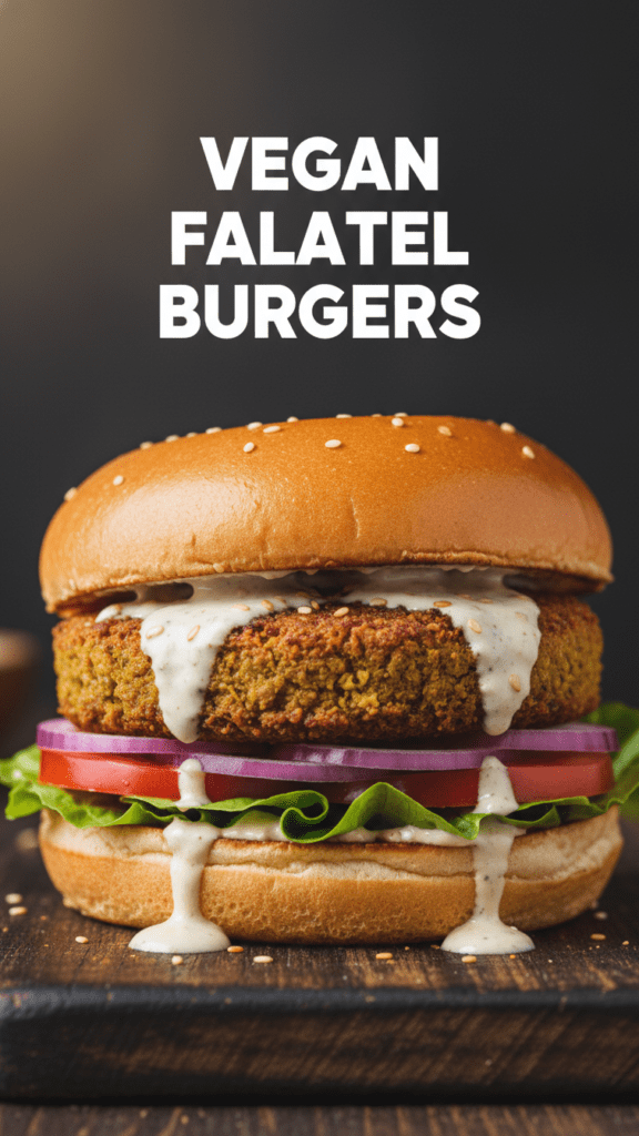A close-up shot of a perfectly grilled vegan falafel burger with fresh toppings and a text overlay.