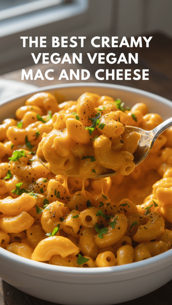 A top-down shot of a glossy bowl of vegan mac and cheese with a text overlay of the main keyword.