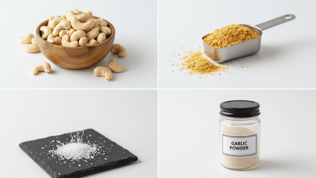 A collage of ingredients including cashews, nutritional yeast, garlic powder, and sea salt.