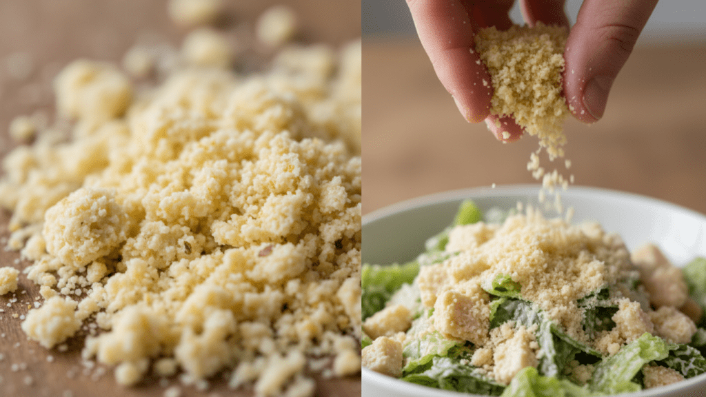 Close up of vegan parmesan cheese being sprinkled over a fresh salad.