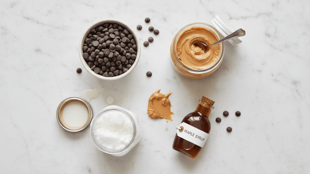 Ingredients collage for vegan peanut butter cups including dark chocolate and peanut butter.