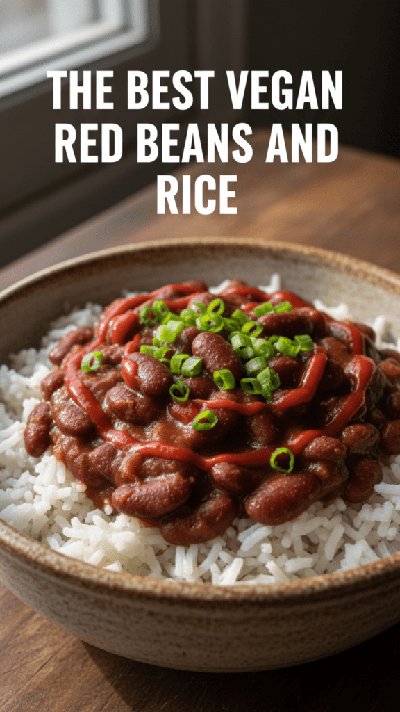 A top-down shot of a vibrant bowl of vegan red beans and rice with green onions and a text overlay.
