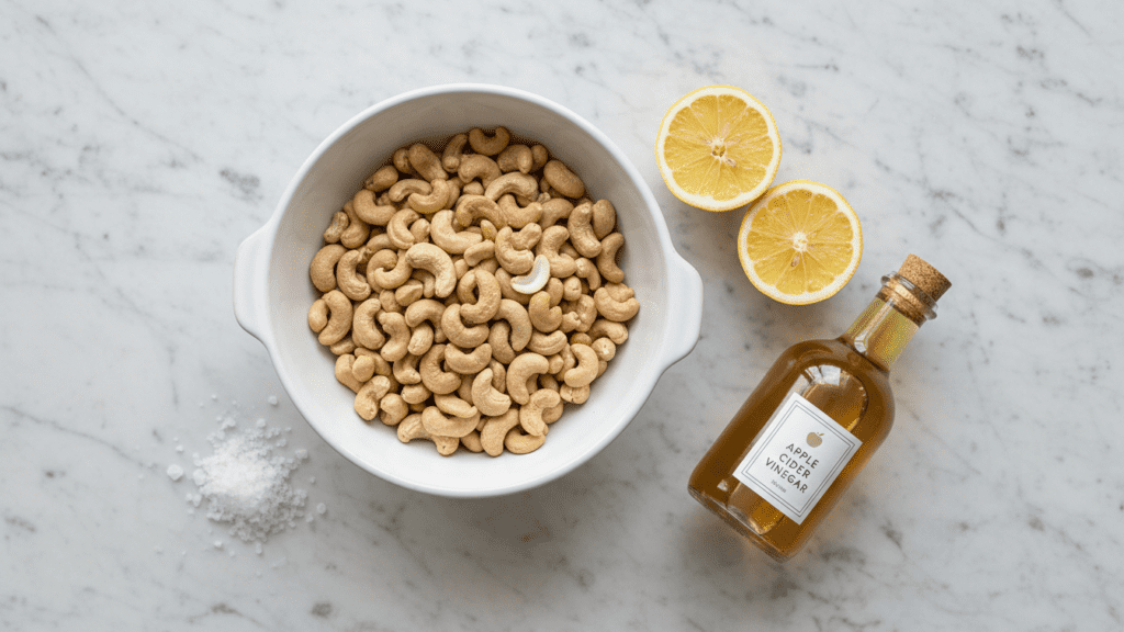 A collage of raw cashews, fresh lemons, apple cider vinegar, and sea salt