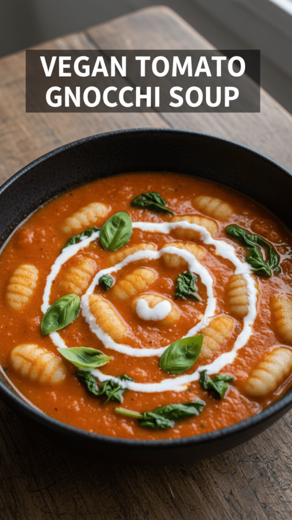 A top-down shot of a vibrant bowl of vegan tomato gnocchi soup with fresh basil and a bold text overlay.