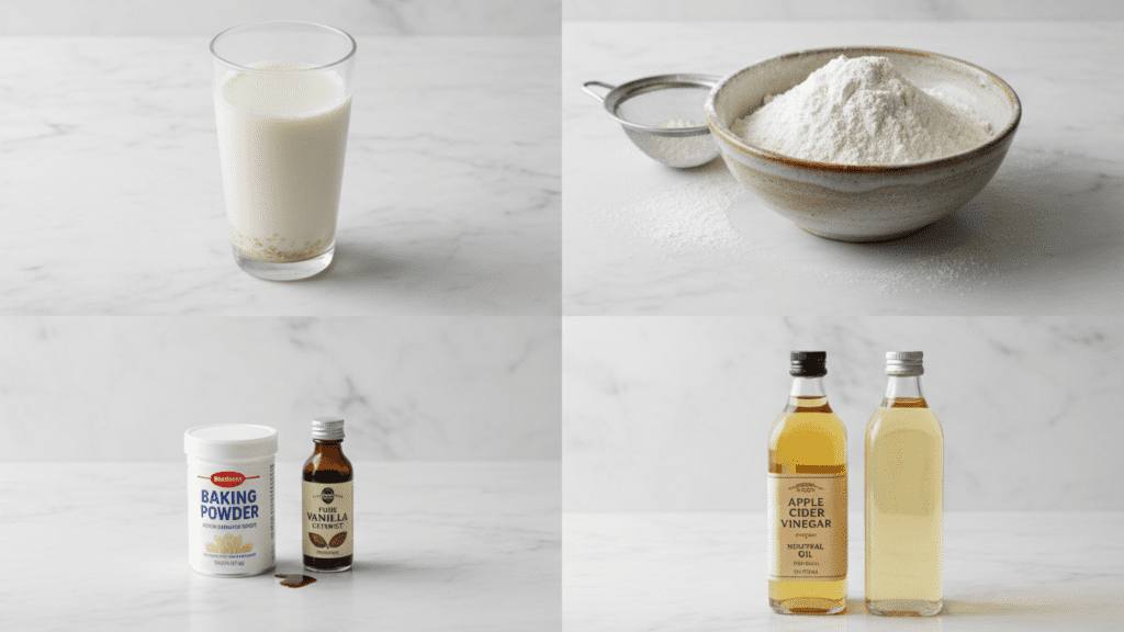 A collage showing plant milk, flour, baking powder, and apple cider vinegar.