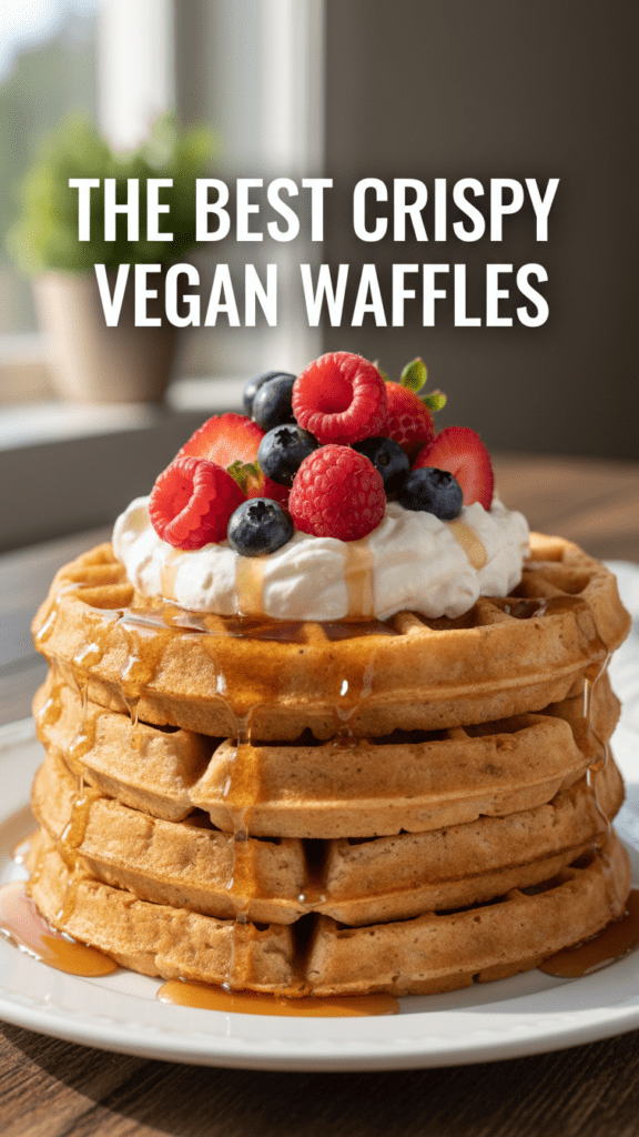 A close-up shot of a stack of crispy vegan waffles with maple syrup and fresh berries, with a text overlay