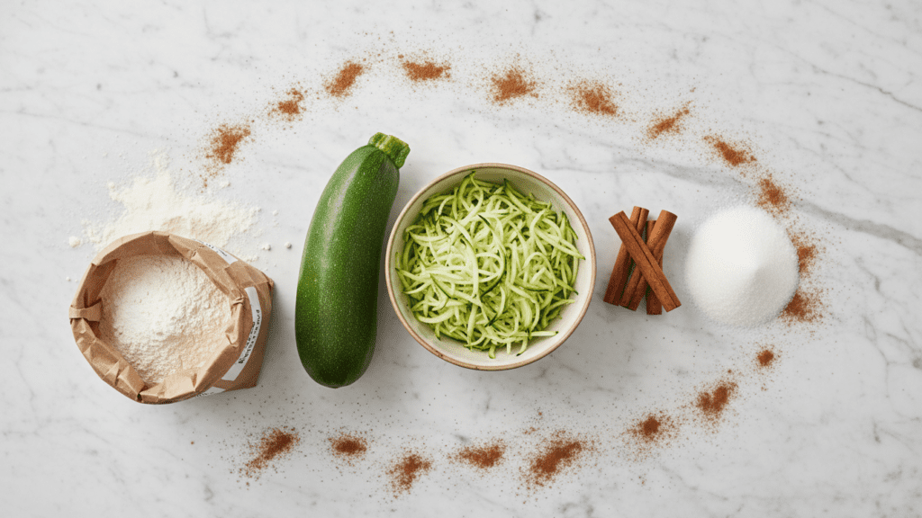 A collage of ingredients for vegan zucchini bread including zucchini, flour, and cinnamon