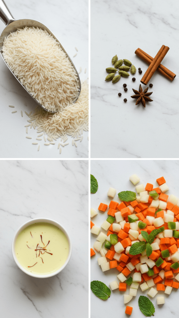 A collage showing aged basmati rice, whole spices, saffron milk, and fresh vegetables.
