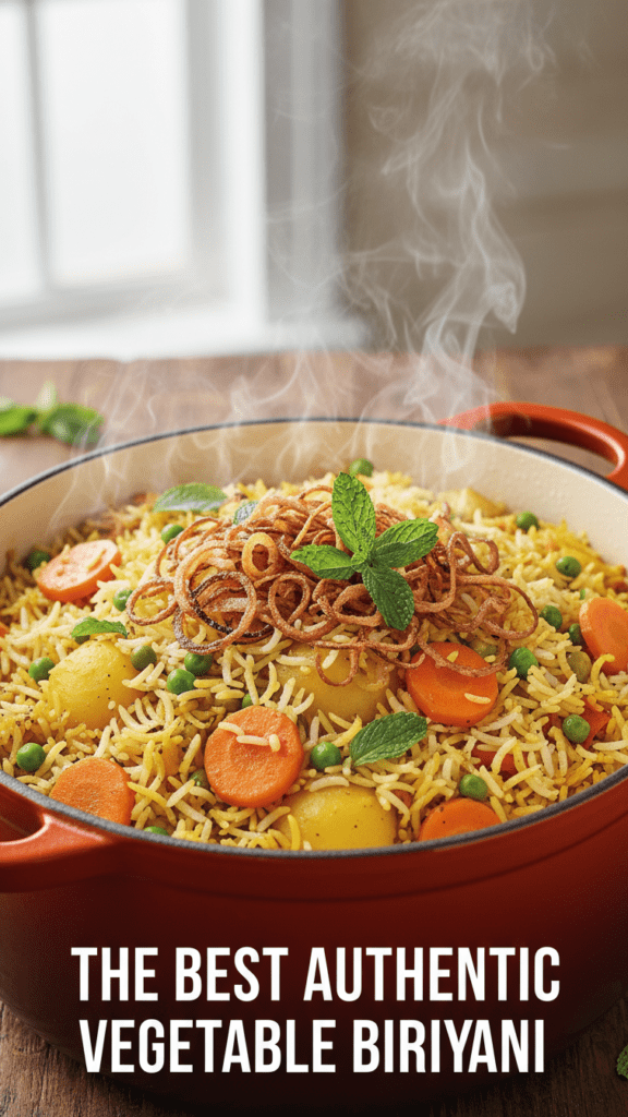 A top-down shot of vibrant vegetable biryani with fried onions and mint in a Dutch oven with a text overlay