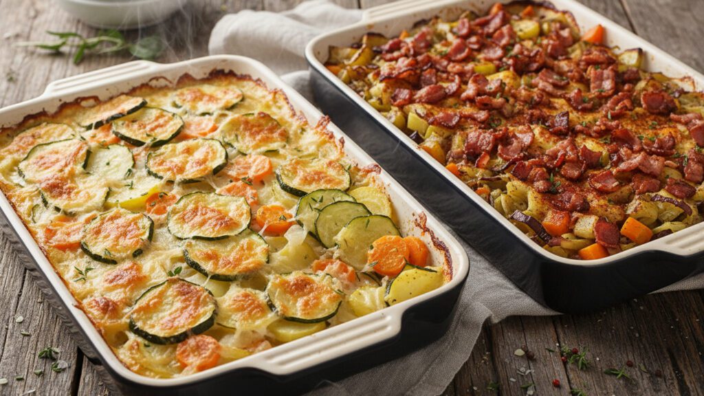 Two different versions of vegetable casserole including a spicy option.