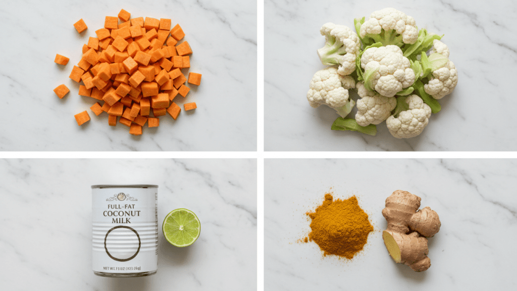 A collage showing fresh sweet potatoes, cauliflower, coconut milk, and curry spices.
