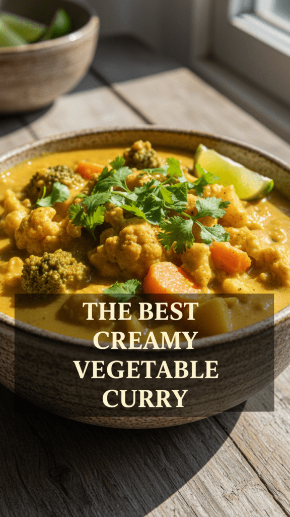 A close-up shot of creamy golden vegetable curry in a bowl with a text overlay of the main keyword.